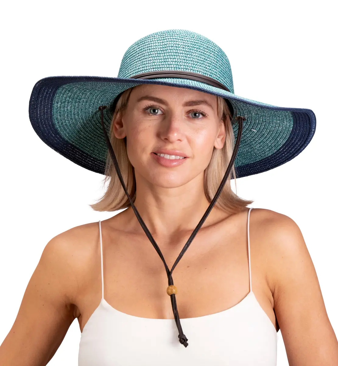 Sloggers Women's Wide Brim Braided Sun Hat with Wind Lanyard UPF 50+ Grey Blue | Maximum Sun Protection - main product image