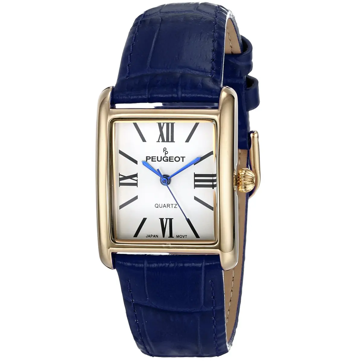 Peugeot Women's Tank Leather Dress Watch Roman Numeral Dial Blue Hands | Elegant Gold Plated - main product image