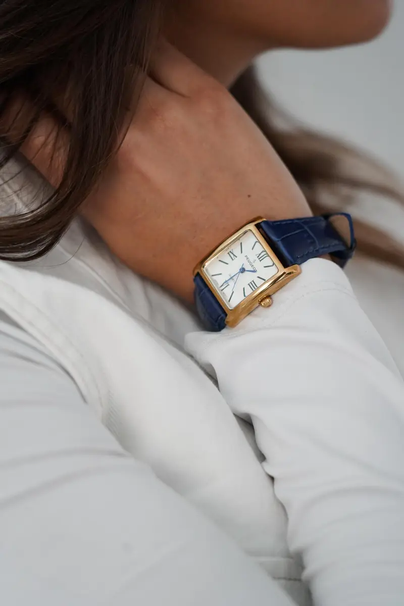 Peugeot Women's Tank Leather Dress Watch Roman Numeral Dial Blue Hands | Elegant Gold Plated - view 6