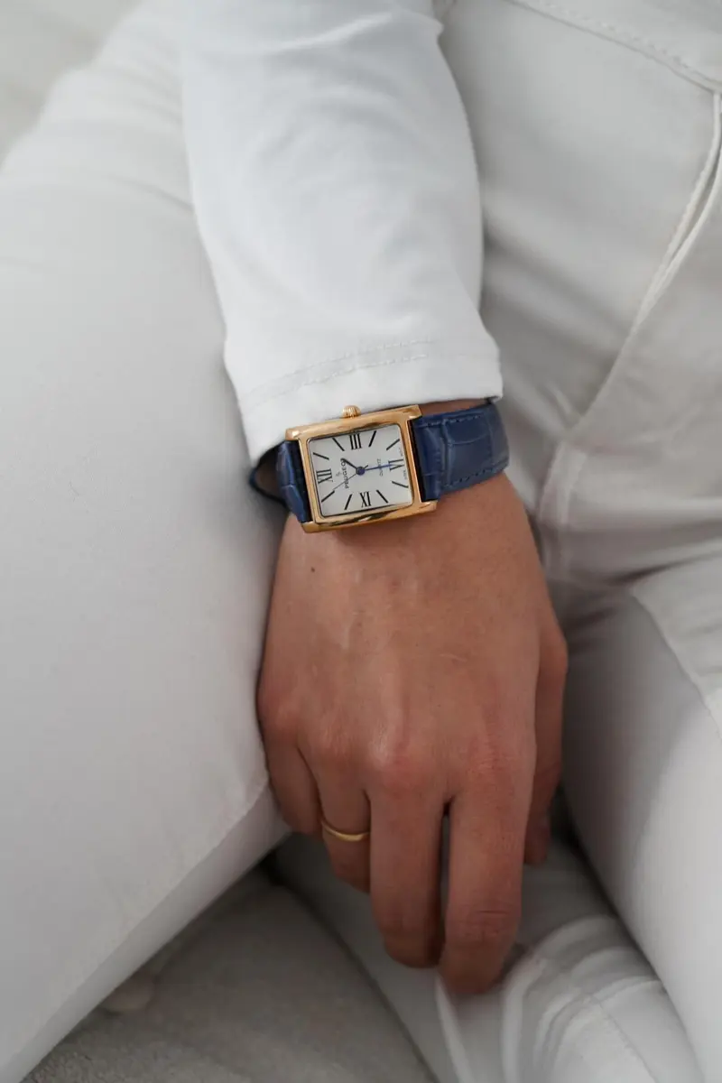 Peugeot Women's Tank Leather Dress Watch Roman Numeral Dial Blue Hands | Elegant Gold Plated - view 7