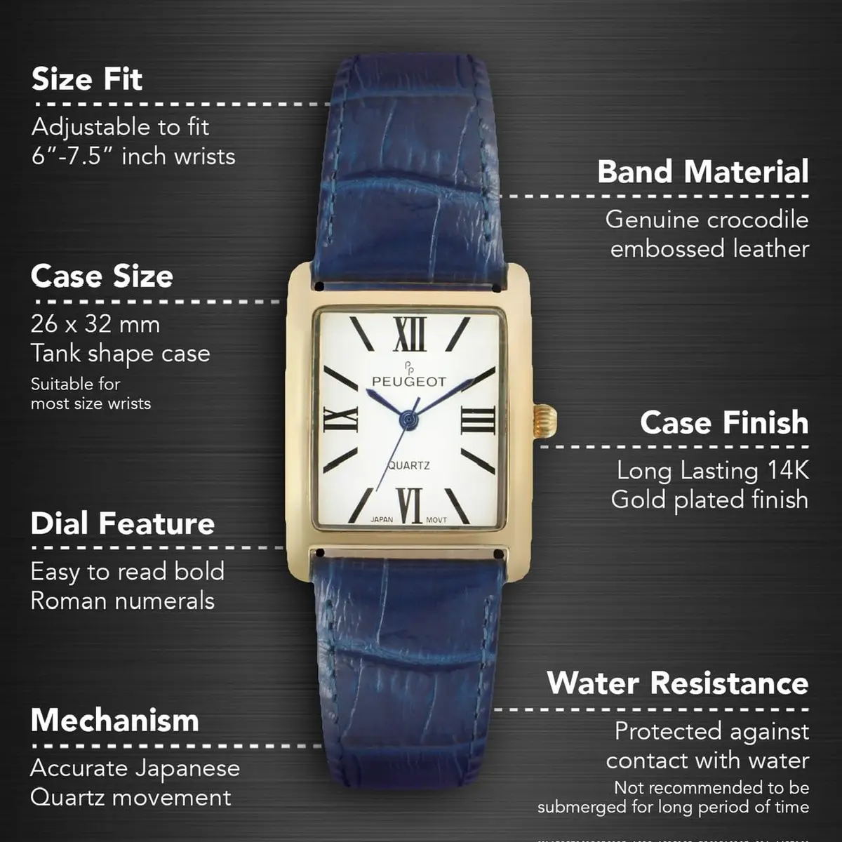 Peugeot Women's Tank Leather Dress Watch Roman Numeral Dial Blue Hands | Elegant Gold Plated - view 2