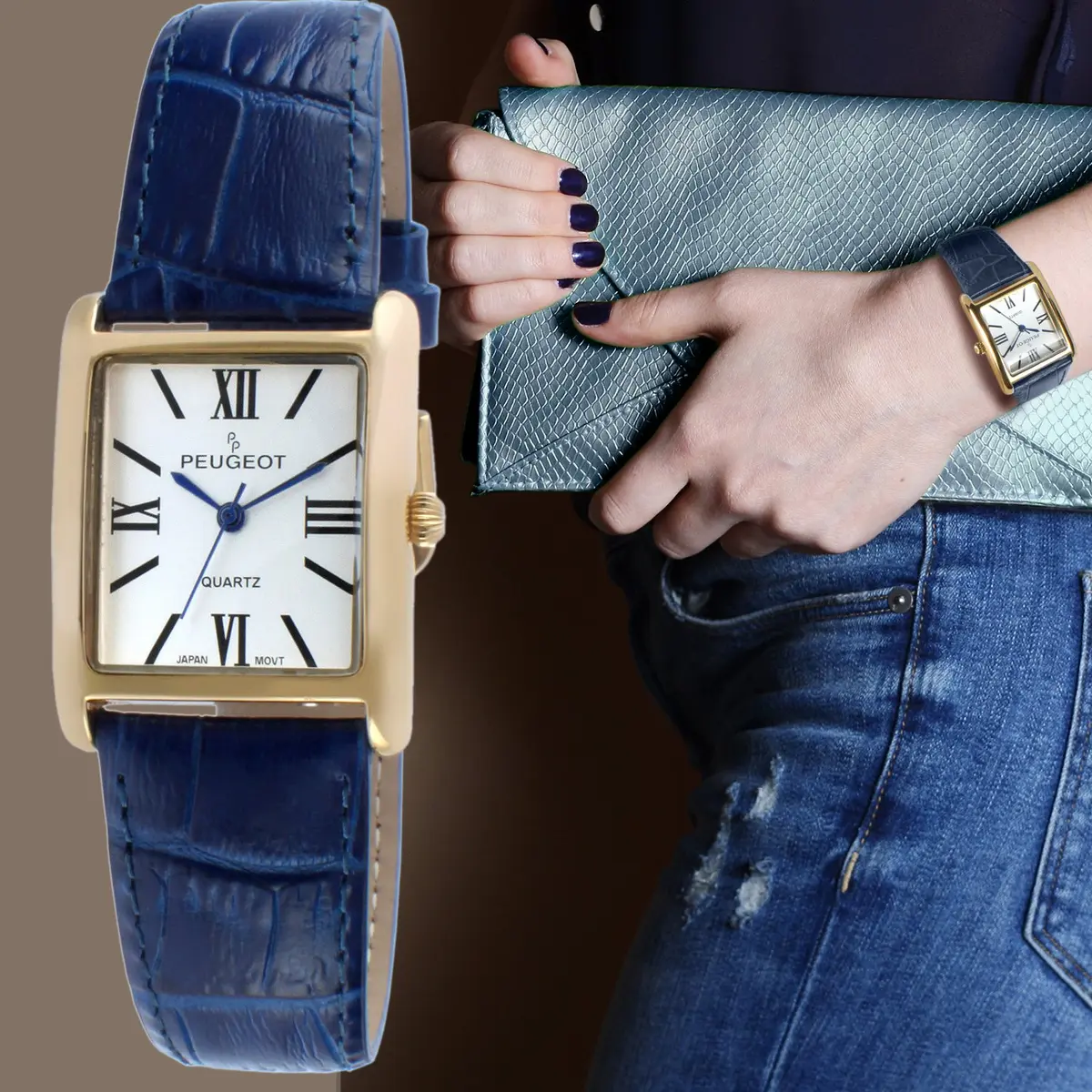 Peugeot Women's Tank Leather Dress Watch Roman Numeral Dial Blue Hands | Elegant Gold Plated - view 3