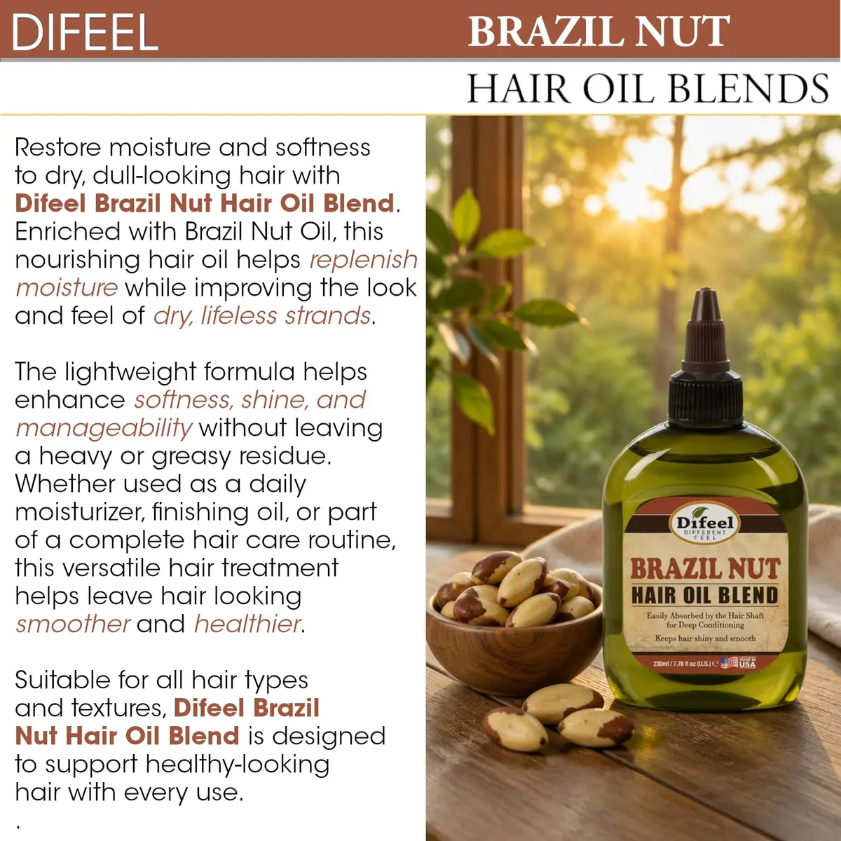 Difeel Brazil Nut Hair Oil Blend 74ml (2.5 Fl Oz) | Deeply Nourishes Dry Hair - view 3