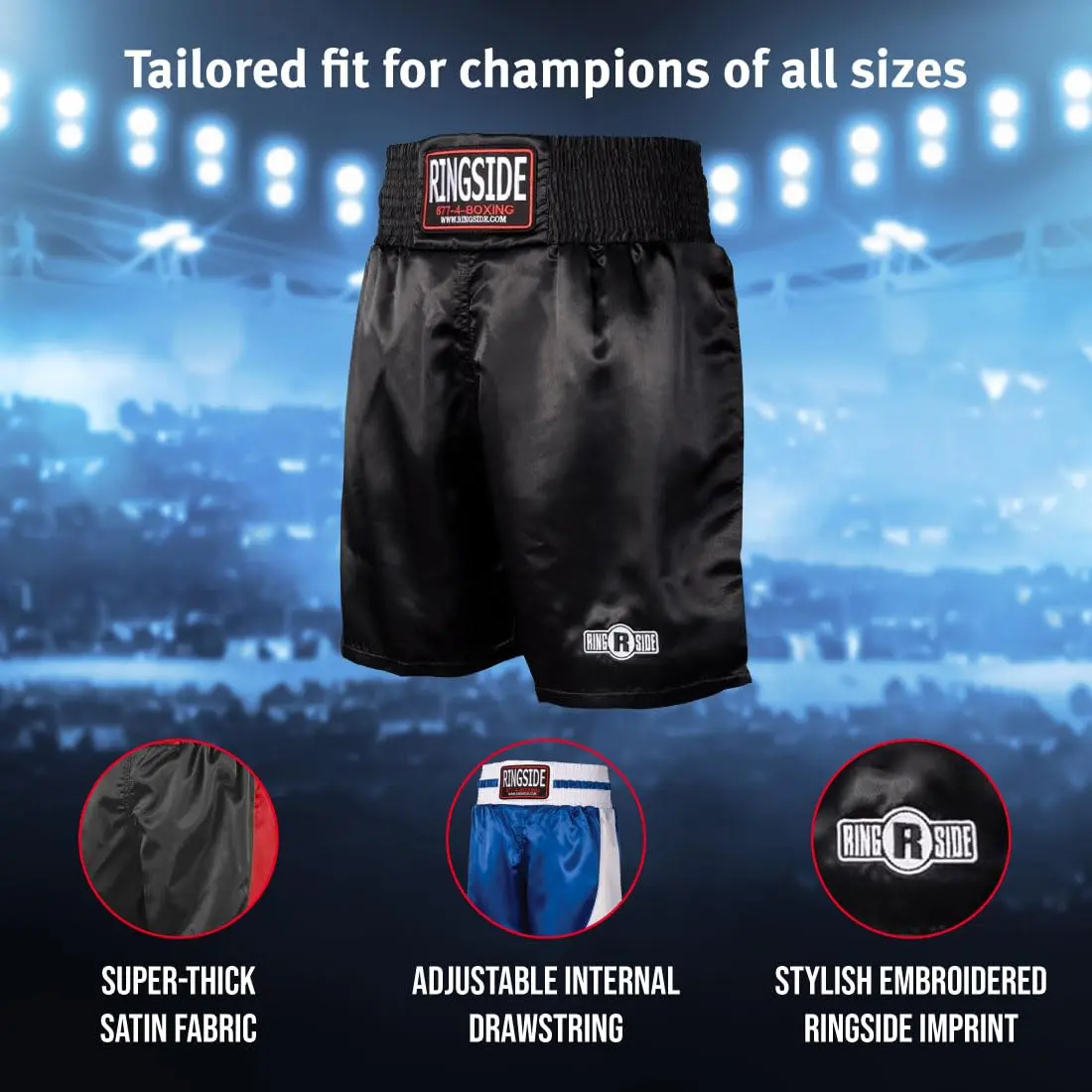 Ringside Pro-Style Boxing Trunks, Black, Youth Medium | Satin Shorts for Boxing & MMA - view 7