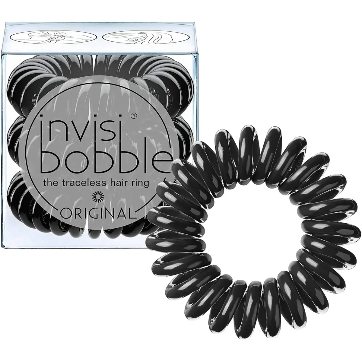 invisibobble Original Traceless Hair Ties (Pack of 3, True Black) | Spiral Grip for All Hair Types - main product image