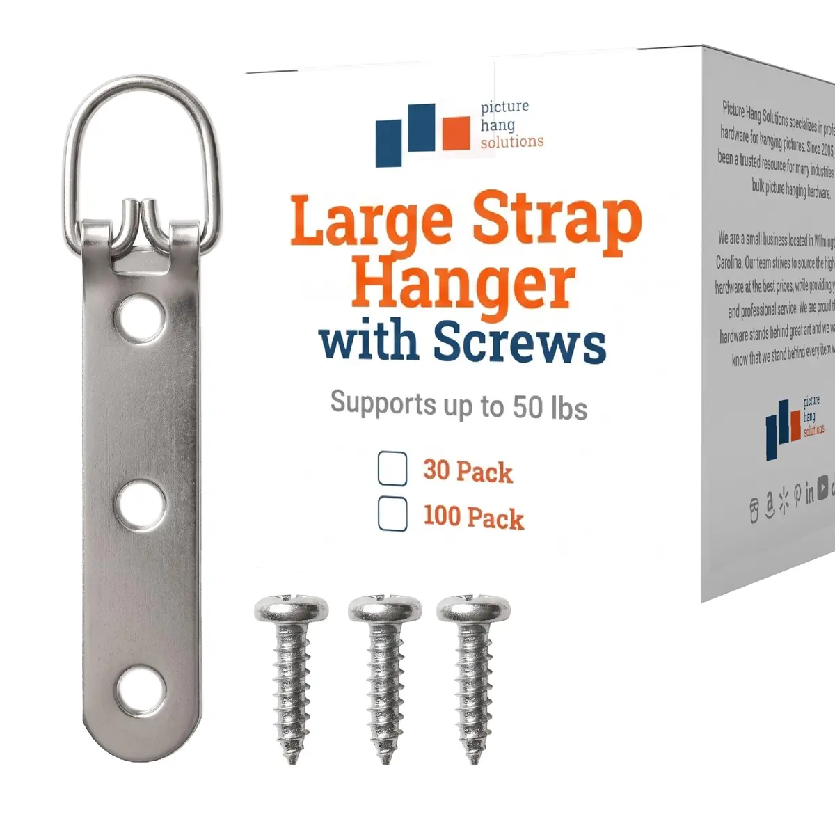 Picture Hang Solutions 3-Hole D-Ring Heavy Duty Picture Hangers 30 Pack | Supports up to 50 lb - main product image