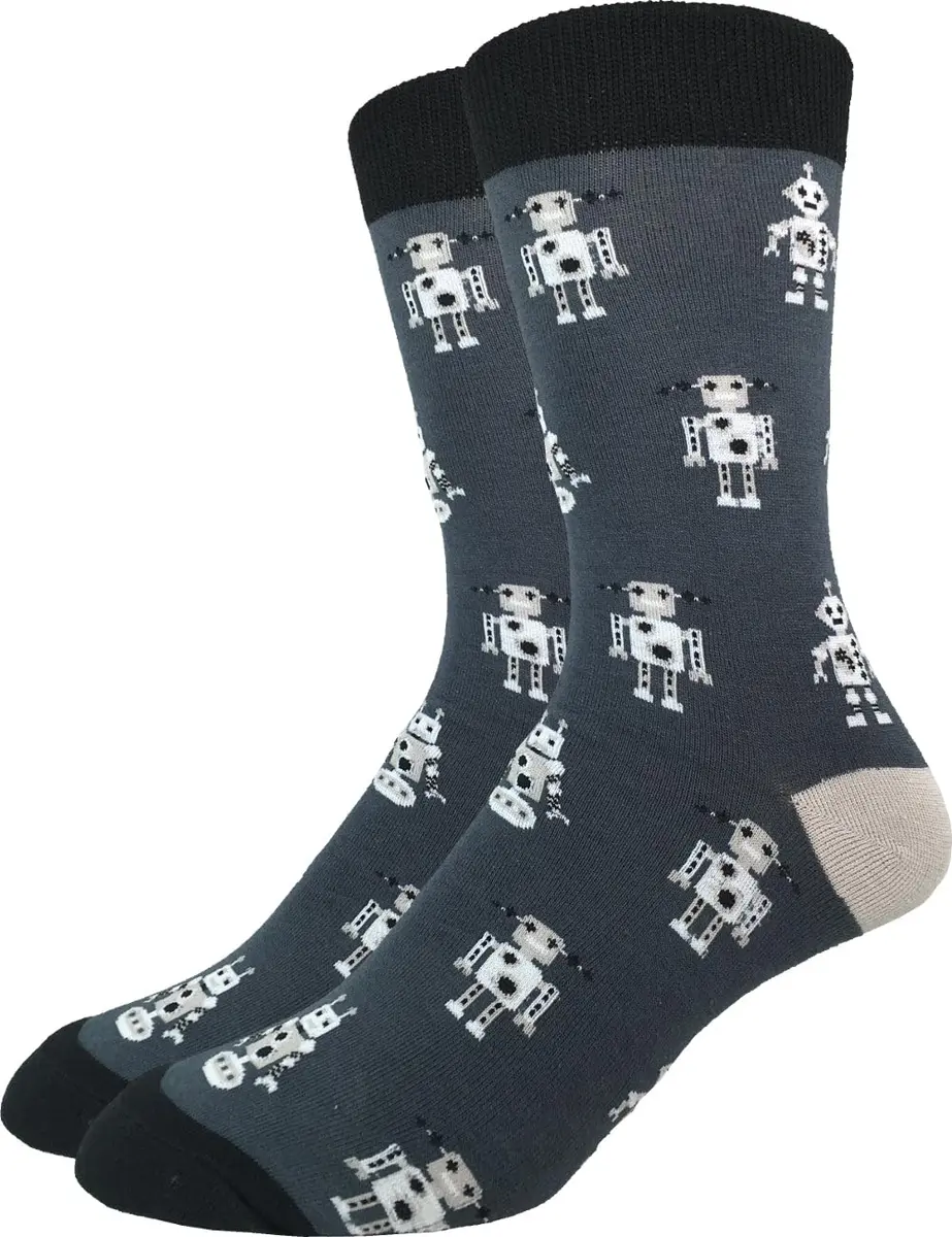 Good Luck Sock Men's Grey Robot Crew Socks Large (Shoe size 7-12) | Fun, Durable & Breathable Socks for Men - main product image