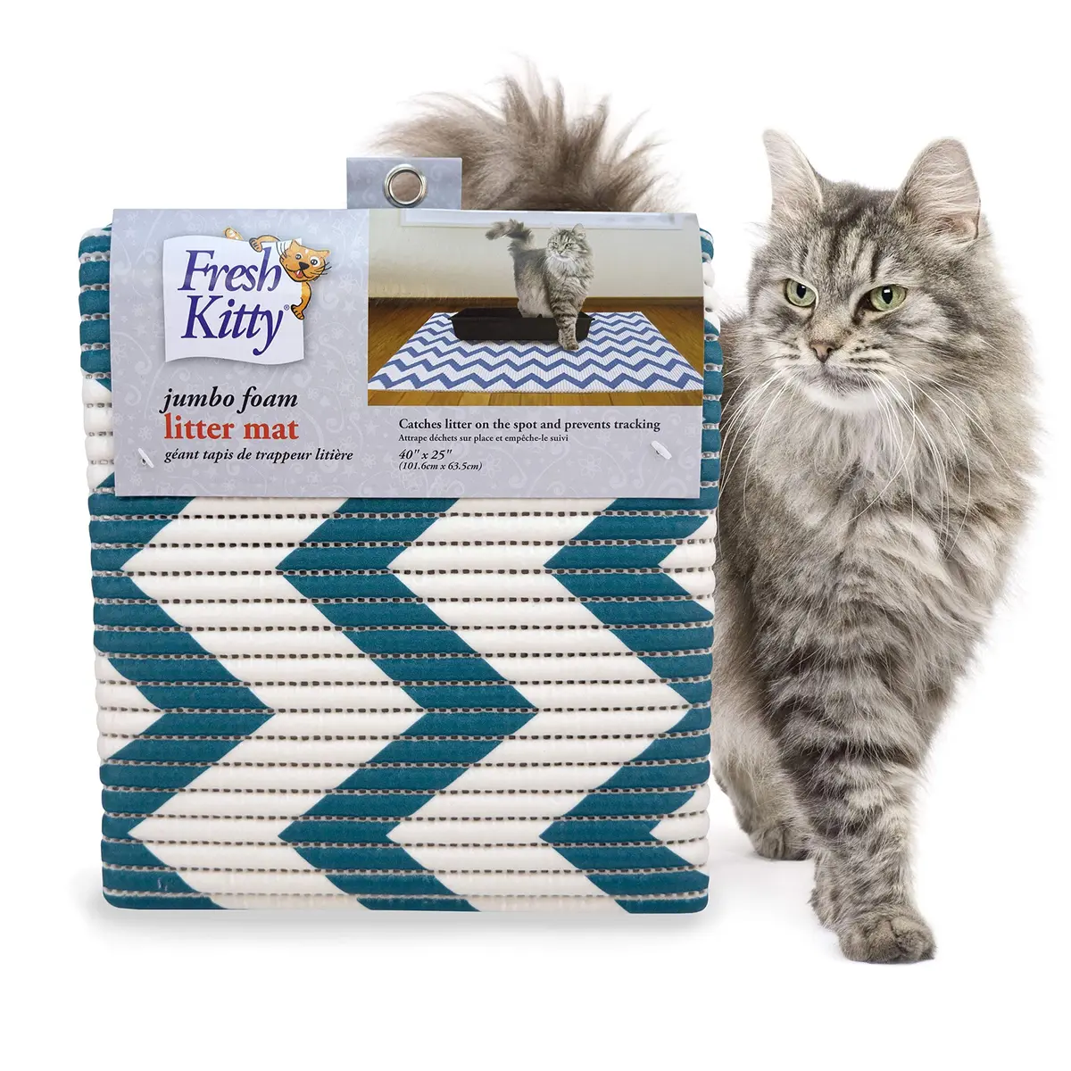 Fresh Kitty Water Resistant Waste Bag – XL Jumbo Foam Litter Mat, Blue/White Chevron, Phthalate & BPA Free, 40" x 25" - main product image