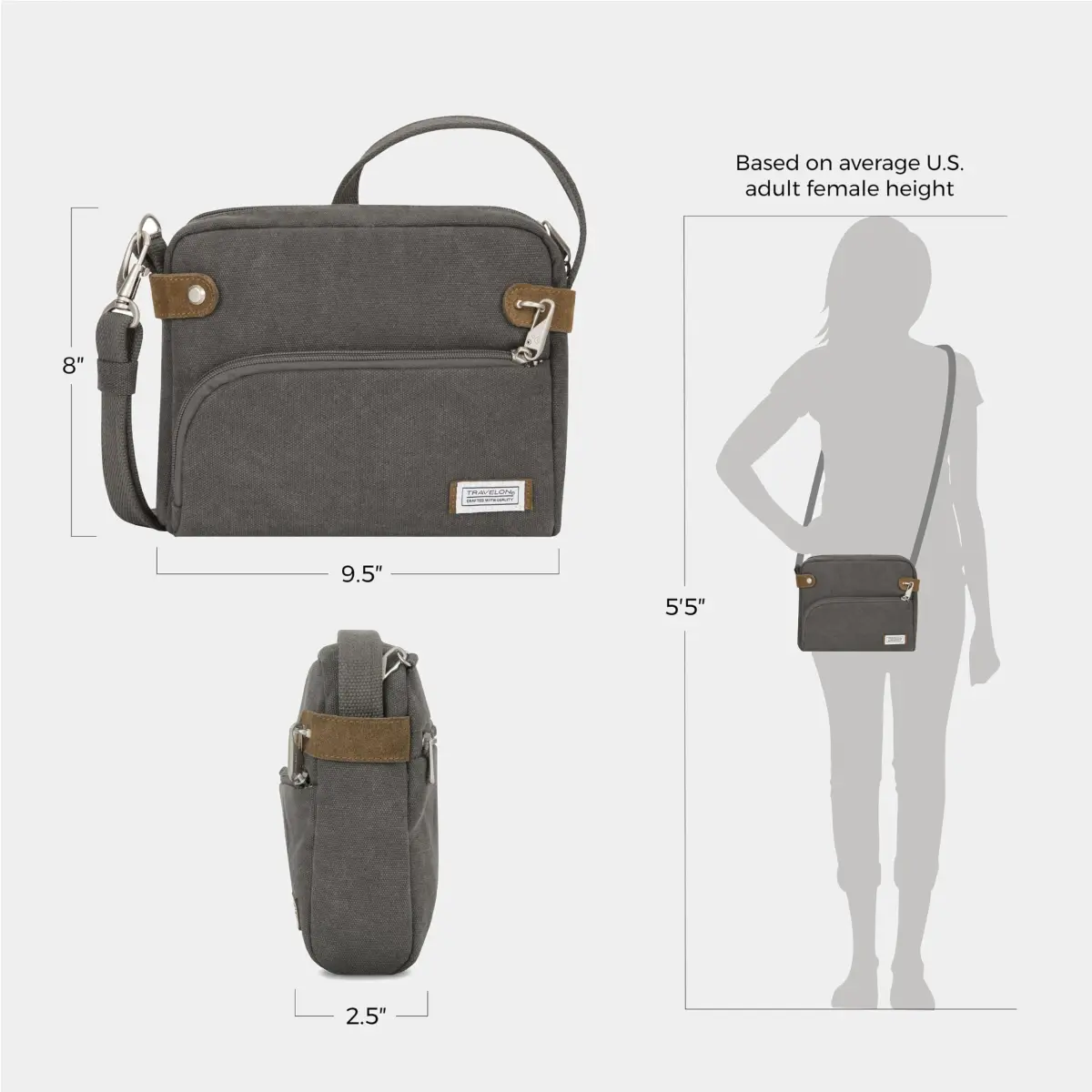 Travelon Anti-Theft Heritage Crossbody Bag Pewter 20cm (7.9in) x 24cm (9.5in) x 6.4cm (2.5in) | Secure Travel Companion - view 5