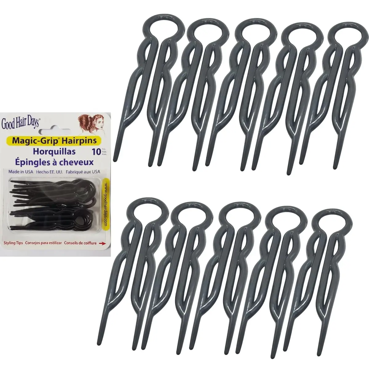 Good Hair Days Magic-Grip Hairpins, 10 Styling U-Pins for Strong Hold | Flexible Plastic for All Hair Types - main product image