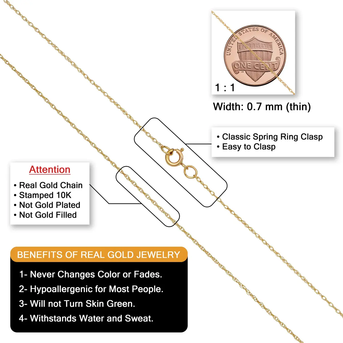 Kooljewelry Solid 10K Yellow Gold Rope Chain Necklace 0.7 mm (0.0275 in) | Polished Finish - view 2