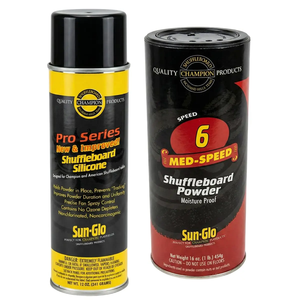 Sun-Glo Shuffleboard Maintenance Bundle: Speed 6 Medium Speed Powder Wax (16 oz) & Silicone Spray (12 oz) | Complete Care Kit for Small Tables - main product image