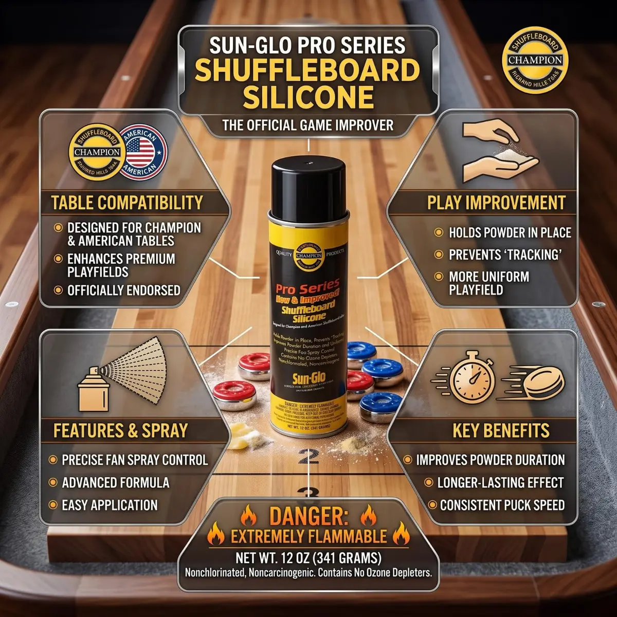 Sun-Glo Shuffleboard Maintenance Bundle: Speed 6 Medium Speed Powder Wax (16 oz) & Silicone Spray (12 oz) | Complete Care Kit for Small Tables - view 5