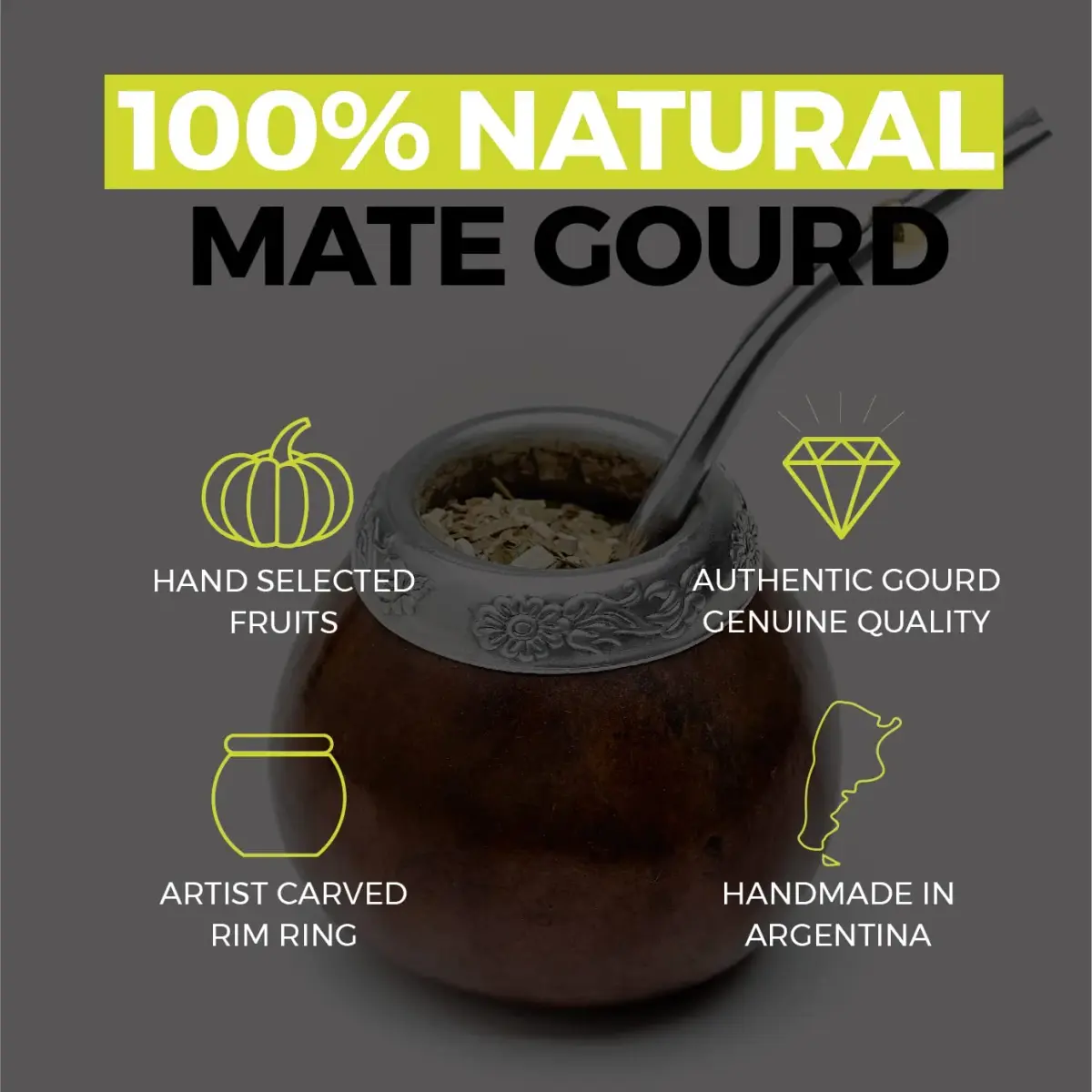 BALIBETOV Natural Yerba Mate Gourd Set 207ml (7 fl oz) | Authentic Handmade Cup from Argentina with Bombilla & Brush - view 3