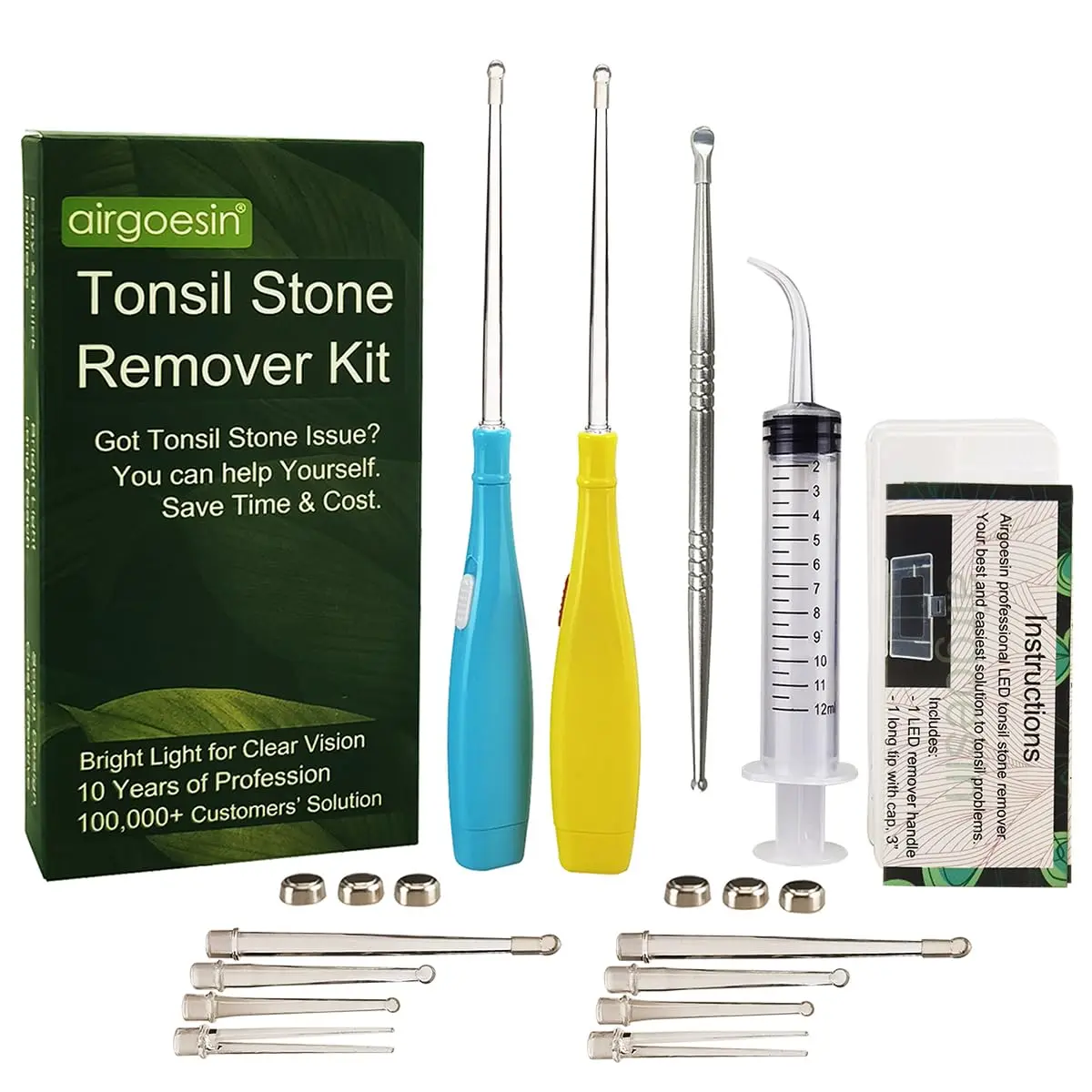 airgoesin Tonsil Stone Remover LED Kit with Irrigator & Steel Pick for Fresh Breath (17 Piece Set) - main product image