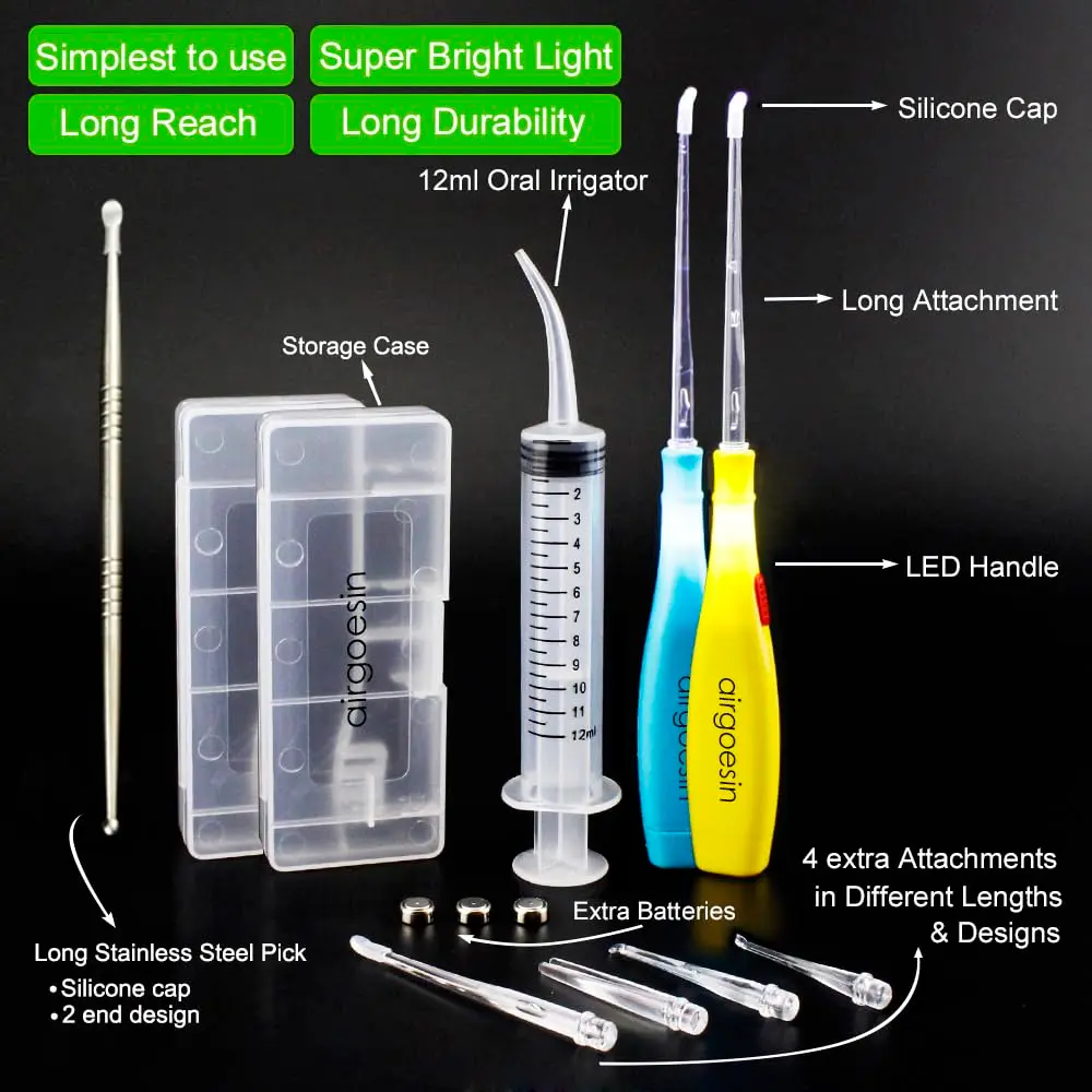 airgoesin Tonsil Stone Remover LED Kit with Irrigator & Steel Pick for Fresh Breath (17 Piece Set) - view 2