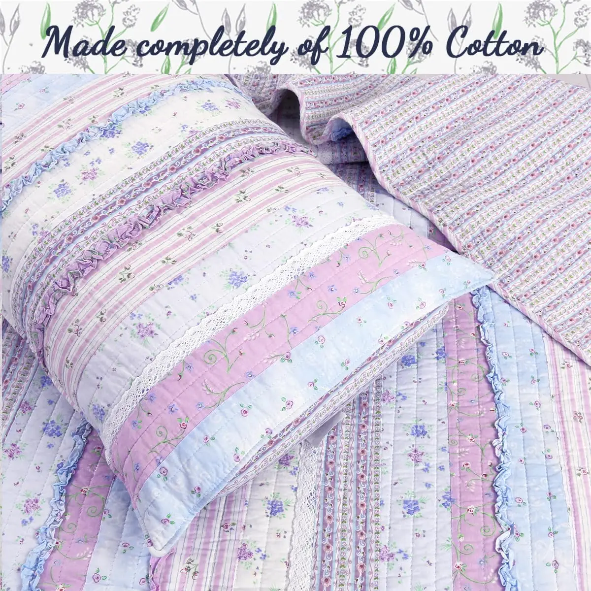 Cozy Line Home Fashions Raelynn Romantic Lace Orchid Purple Blue Flower Print Stripe Cotton 3D Bedding Quilt Set with Sham, Lavender, Twin - 2 Piece - view 5