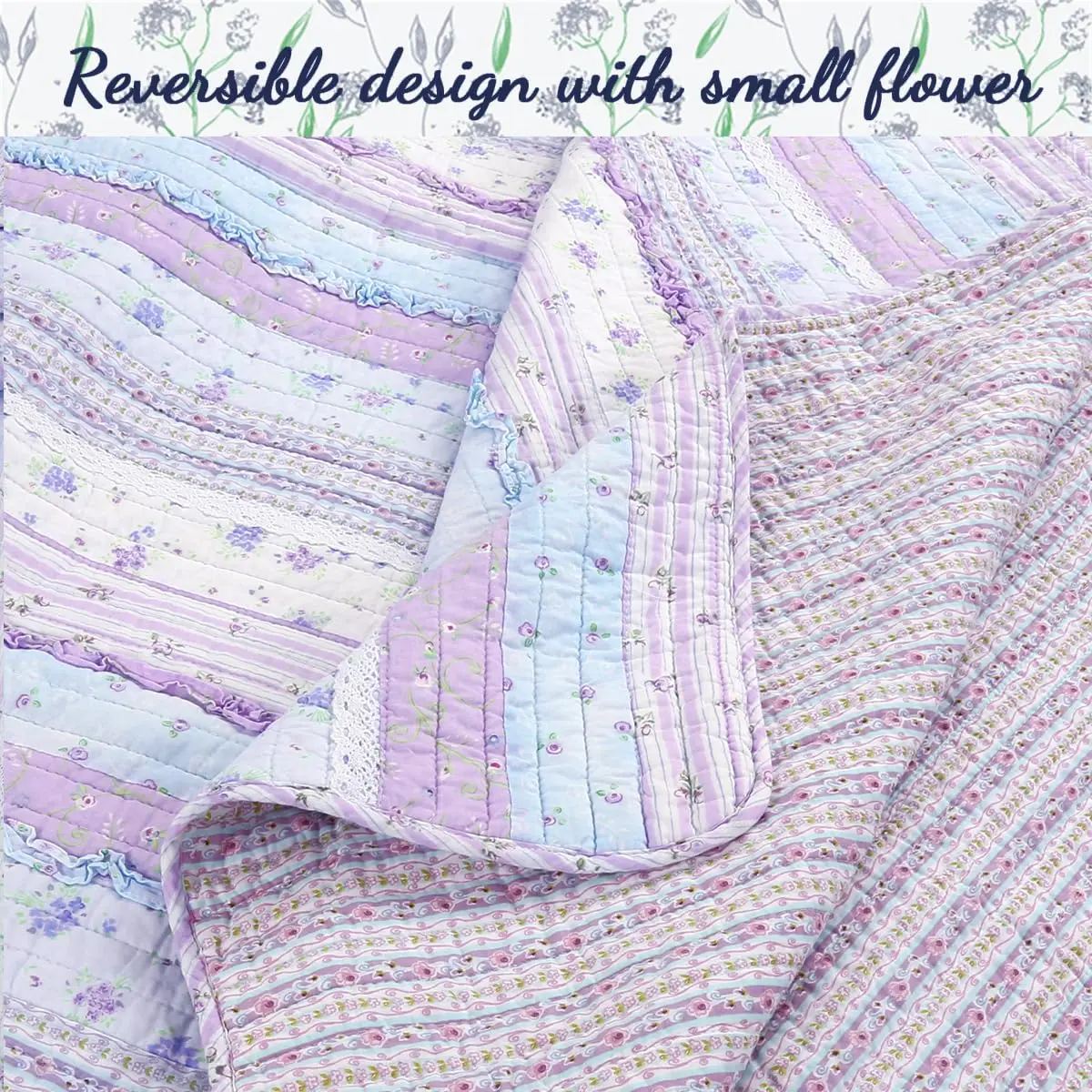 Cozy Line Home Fashions Raelynn Romantic Lace Orchid Purple Blue Flower Print Stripe Cotton 3D Bedding Quilt Set with Sham, Lavender, Twin - 2 Piece - view 6