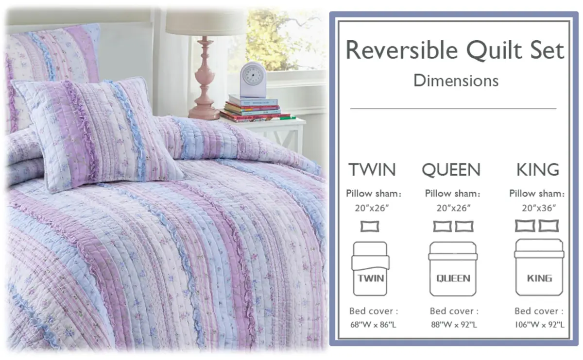 Cozy Line Home Fashions Raelynn Romantic Lace Orchid Purple Blue Flower Print Stripe Cotton 3D Bedding Quilt Set with Sham, Lavender, Twin - 2 Piece - view 7