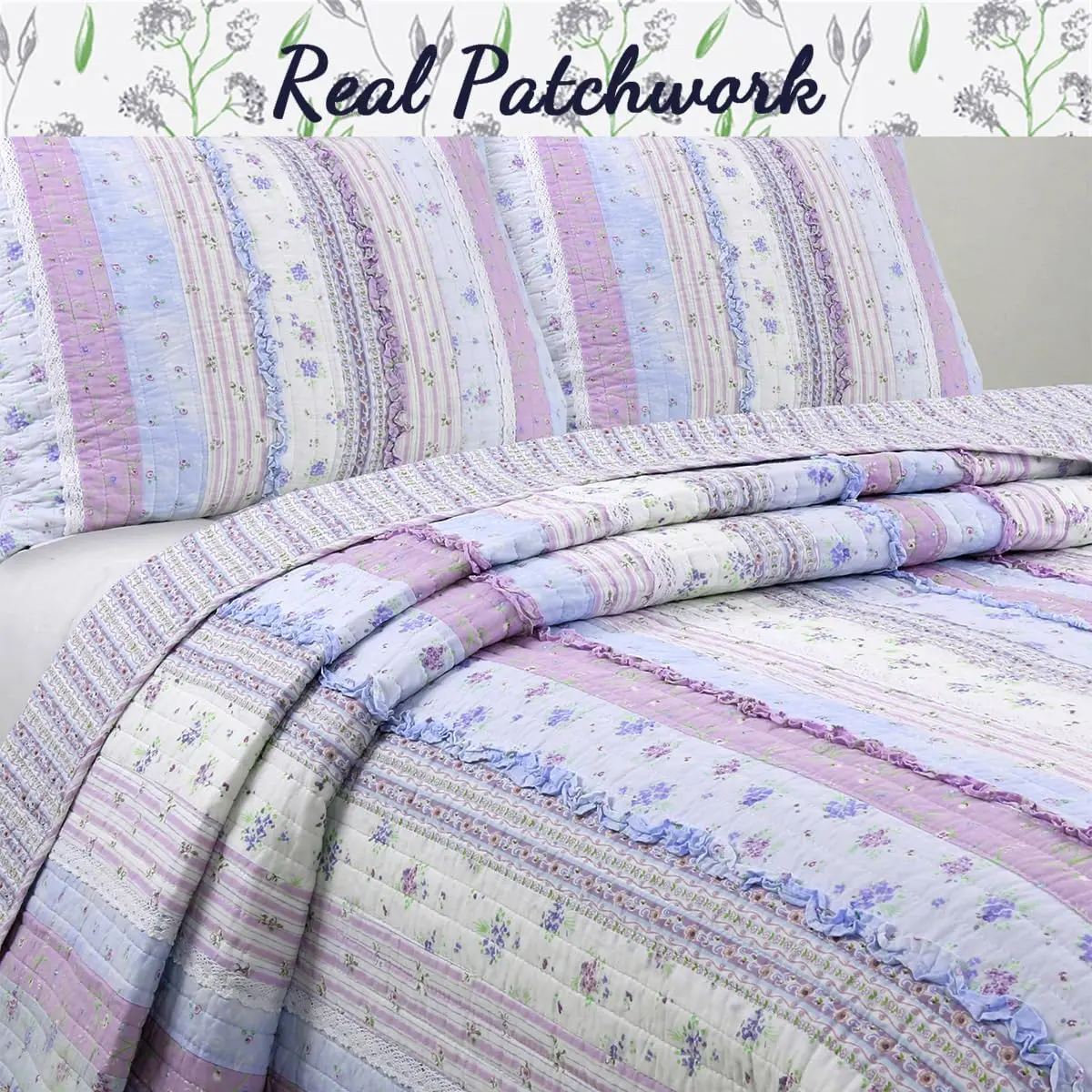 Cozy Line Home Fashions Raelynn Romantic Lace Orchid Purple Blue Flower Print Stripe Cotton 3D Bedding Quilt Set with Sham, Lavender, Twin - 2 Piece - view 2