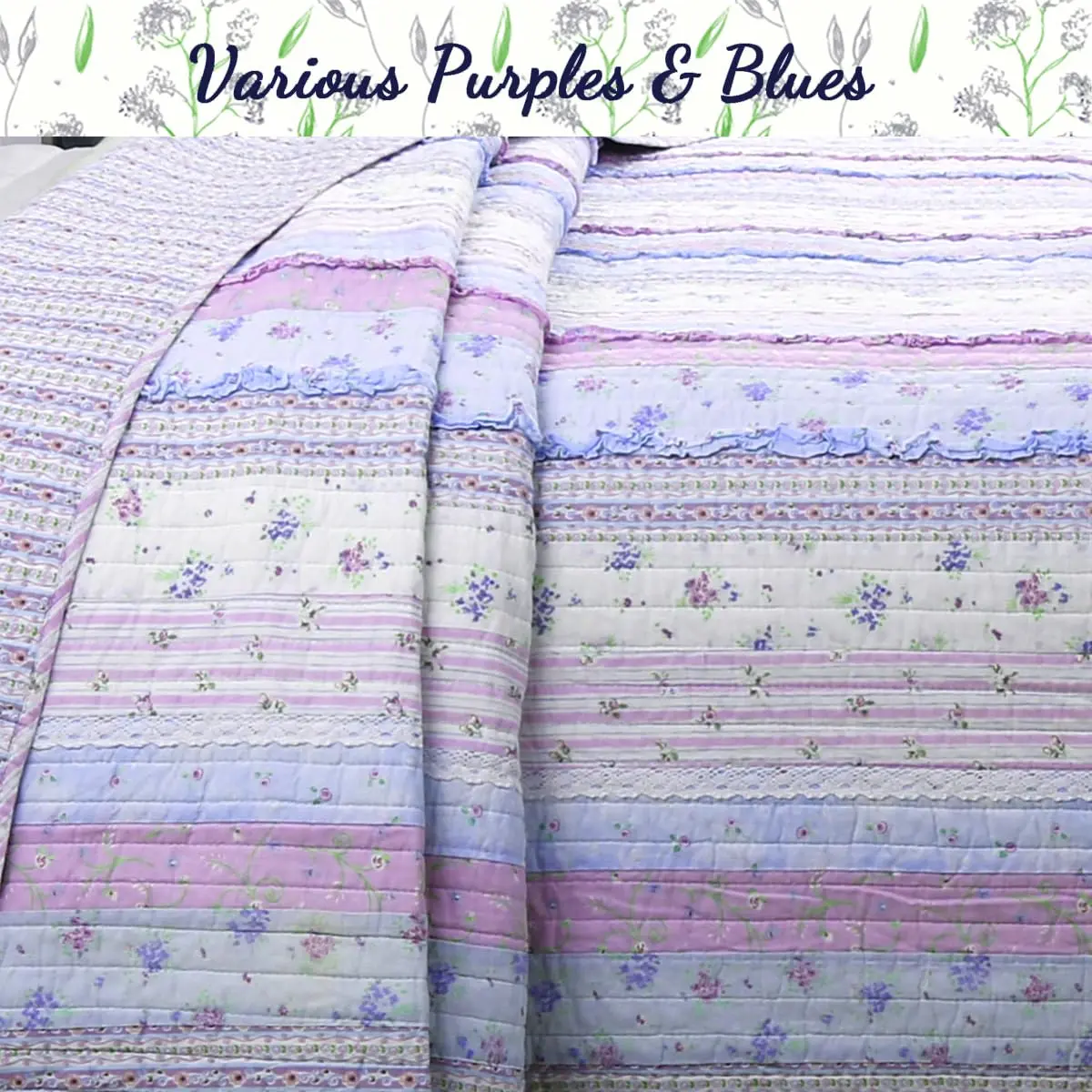 Cozy Line Home Fashions Raelynn Romantic Lace Orchid Purple Blue Flower Print Stripe Cotton 3D Bedding Quilt Set with Sham, Lavender, Twin - 2 Piece - view 3