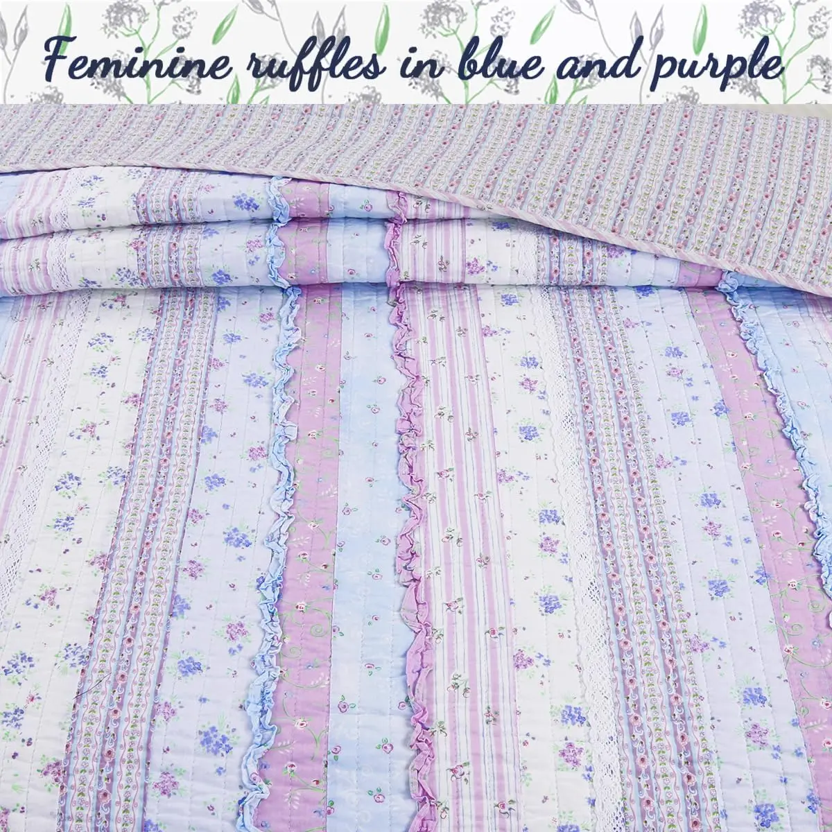 Cozy Line Home Fashions Raelynn Romantic Lace Orchid Purple Blue Flower Print Stripe Cotton 3D Bedding Quilt Set with Sham, Lavender, Twin - 2 Piece - view 4