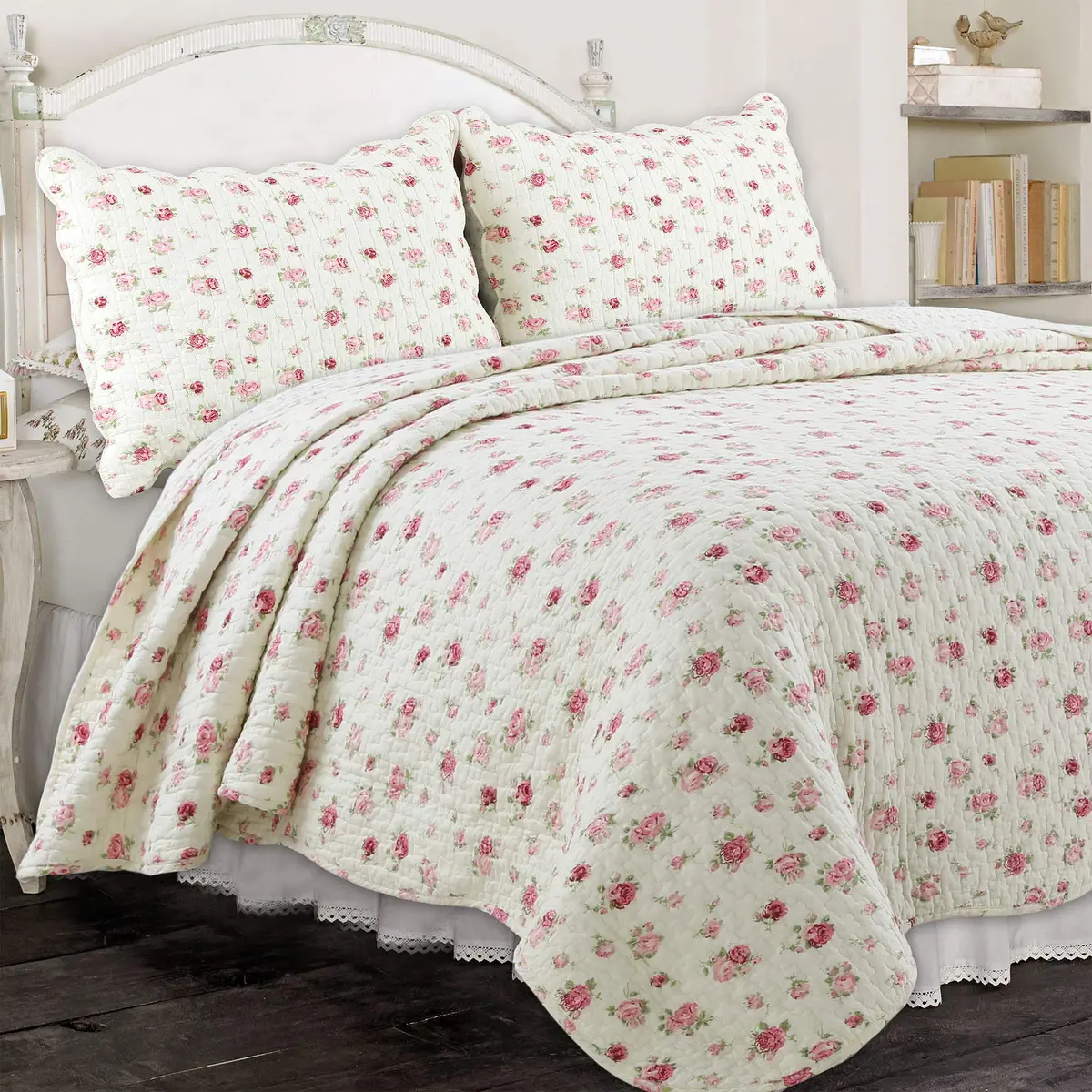 Cozy Line Home Fashions Pink Rose Garden Floral 100% Cotton Reversible Coverlet Bedspread Quilt Bedding Set (Ivory Rose, King) - main product image