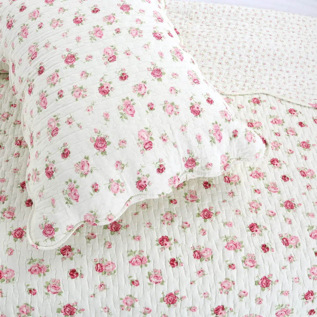 Cozy Line Home Fashions Pink Rose Garden Floral 100% Cotton Reversible Coverlet Bedspread Quilt Bedding Set (Ivory Rose, King) - view 2