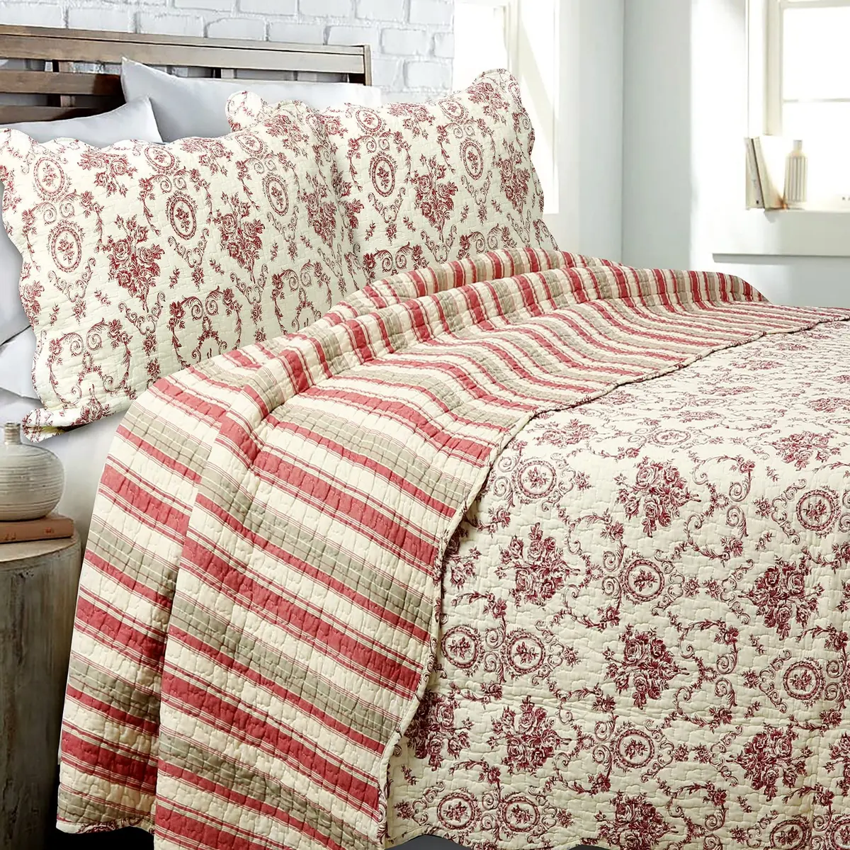 Cozy Line Home Fashions French Medallion Beige Burgundy Red Rose Flower Pattern Printed 100% Cotton Bedding Quilt Set Reversible Coverlet Bedspread (Burgundy Red, King - 3 piece) - main product image
