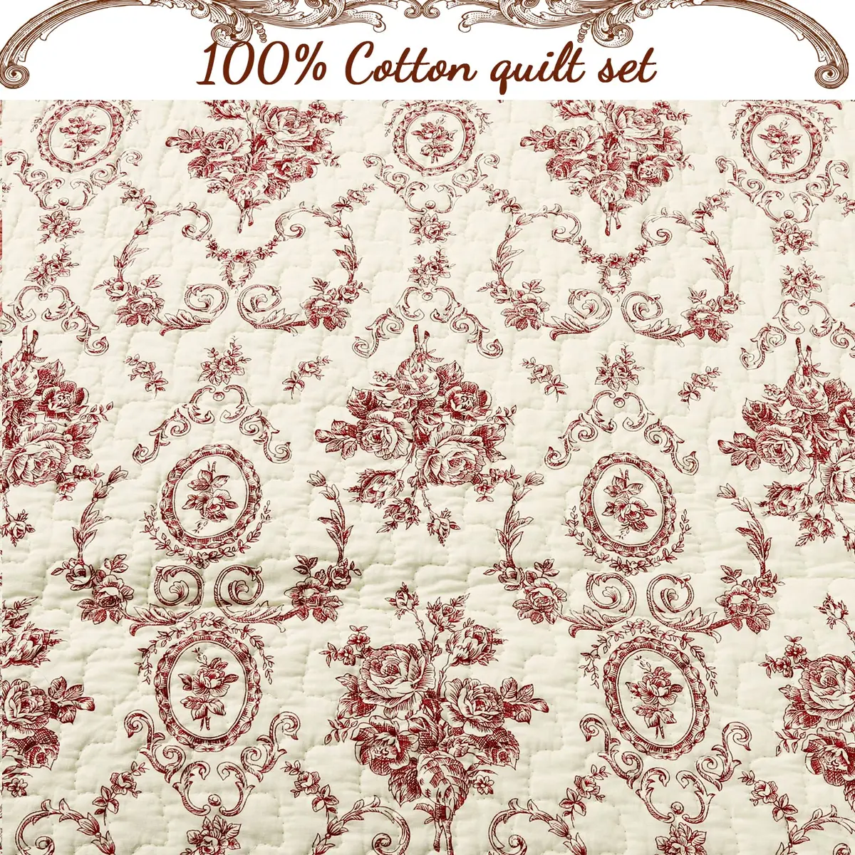 Cozy Line Home Fashions French Medallion Beige Burgundy Red Rose Flower Pattern Printed 100% Cotton Bedding Quilt Set Reversible Coverlet Bedspread (Burgundy Red, King - 3 piece) - view 5