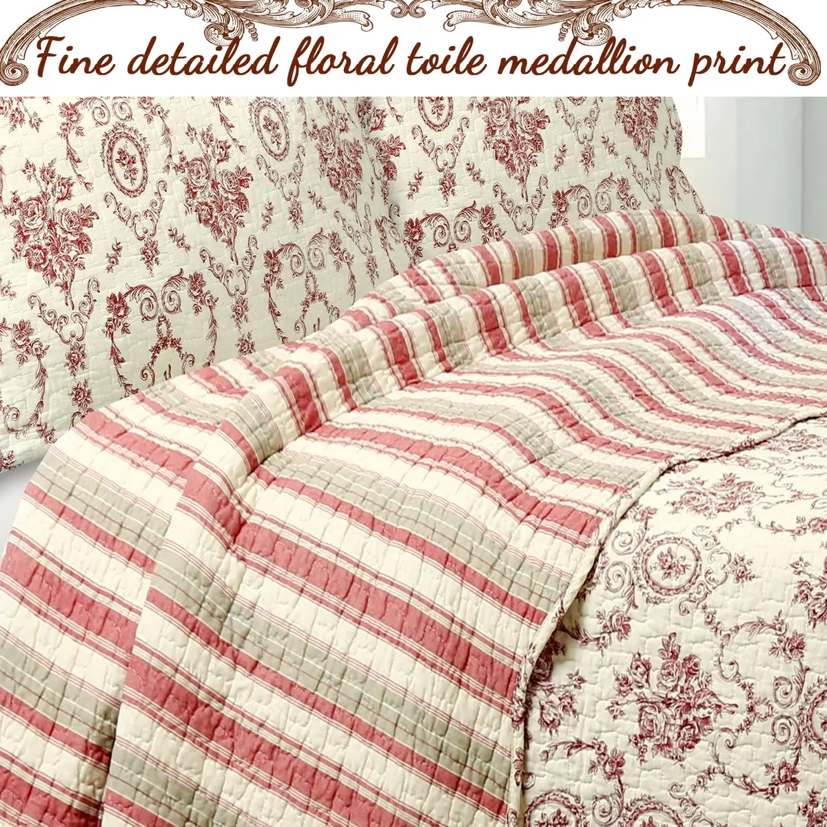 Cozy Line Home Fashions French Medallion Beige Burgundy Red Rose Flower Pattern Printed 100% Cotton Bedding Quilt Set Reversible Coverlet Bedspread (Burgundy Red, King - 3 piece) - view 2