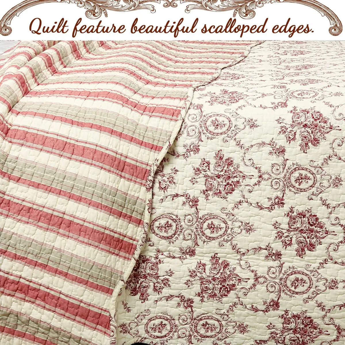 Cozy Line Home Fashions French Medallion Beige Burgundy Red Rose Flower Pattern Printed 100% Cotton Bedding Quilt Set Reversible Coverlet Bedspread (Burgundy Red, King - 3 piece) - view 3