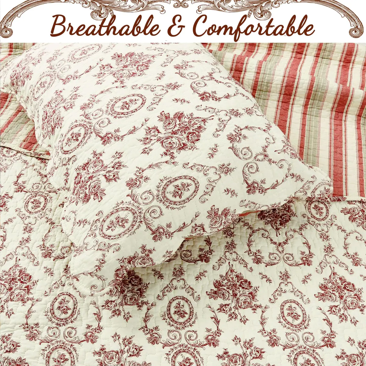 Cozy Line Home Fashions French Medallion Beige Burgundy Red Rose Flower Pattern Printed 100% Cotton Bedding Quilt Set Reversible Coverlet Bedspread (Burgundy Red, King - 3 piece) - view 4