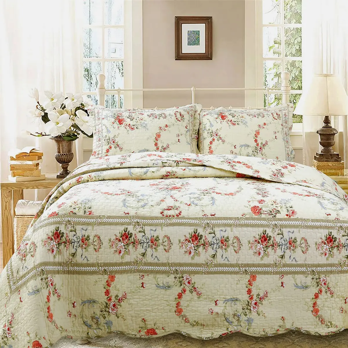 Cozy Line Home Fashions Khaki Cream Yellow Floral Blooming 100% Cotton Reversible Quilt Bedding Set Coverlet Bedspread Twin - main product image