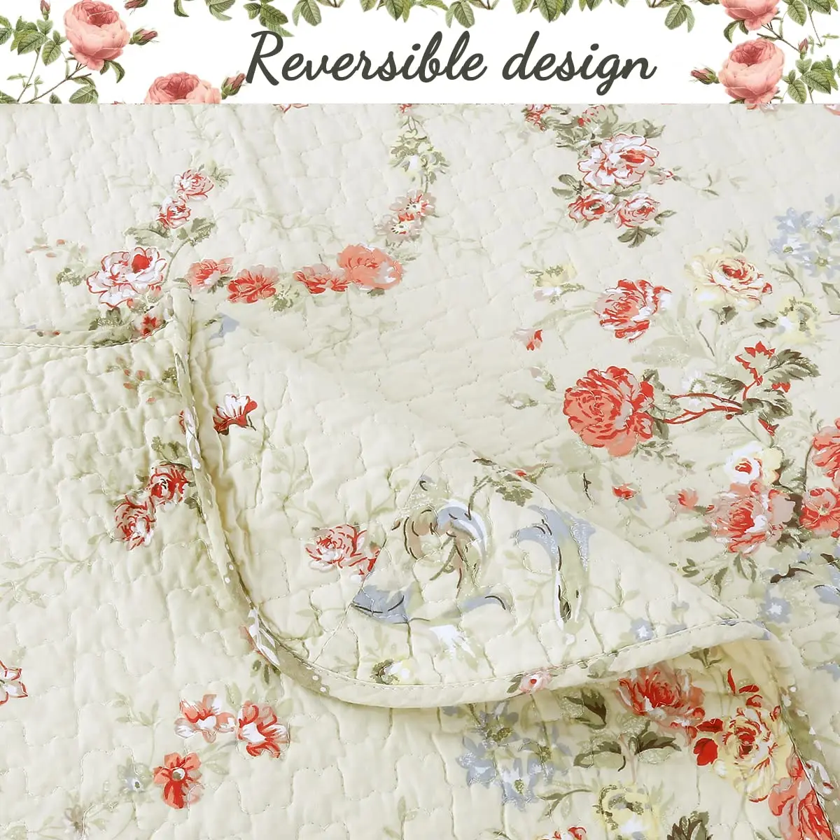 Cozy Line Home Fashions Khaki Cream Yellow Floral Blooming 100% Cotton Reversible Quilt Bedding Set Coverlet Bedspread Twin - view 5