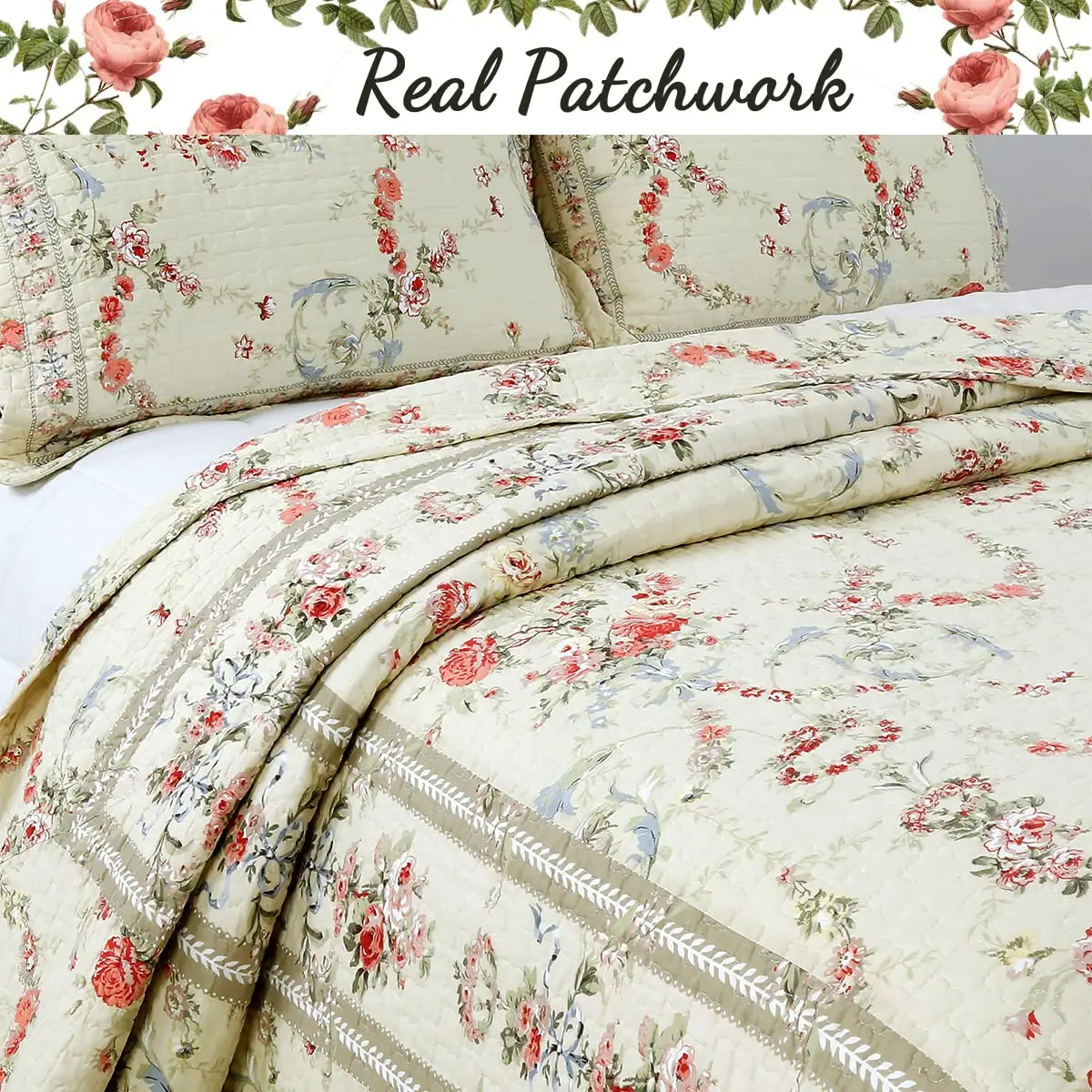 Cozy Line Home Fashions Khaki Cream Yellow Floral Blooming 100% Cotton Reversible Quilt Bedding Set Coverlet Bedspread Twin - view 2