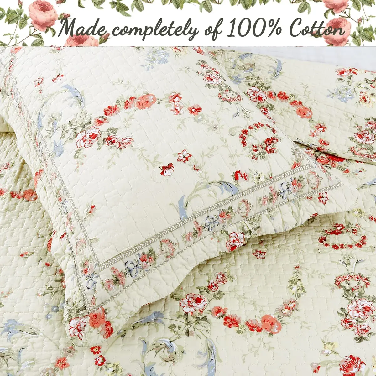Cozy Line Home Fashions Khaki Cream Yellow Floral Blooming 100% Cotton Reversible Quilt Bedding Set Coverlet Bedspread Twin - view 4