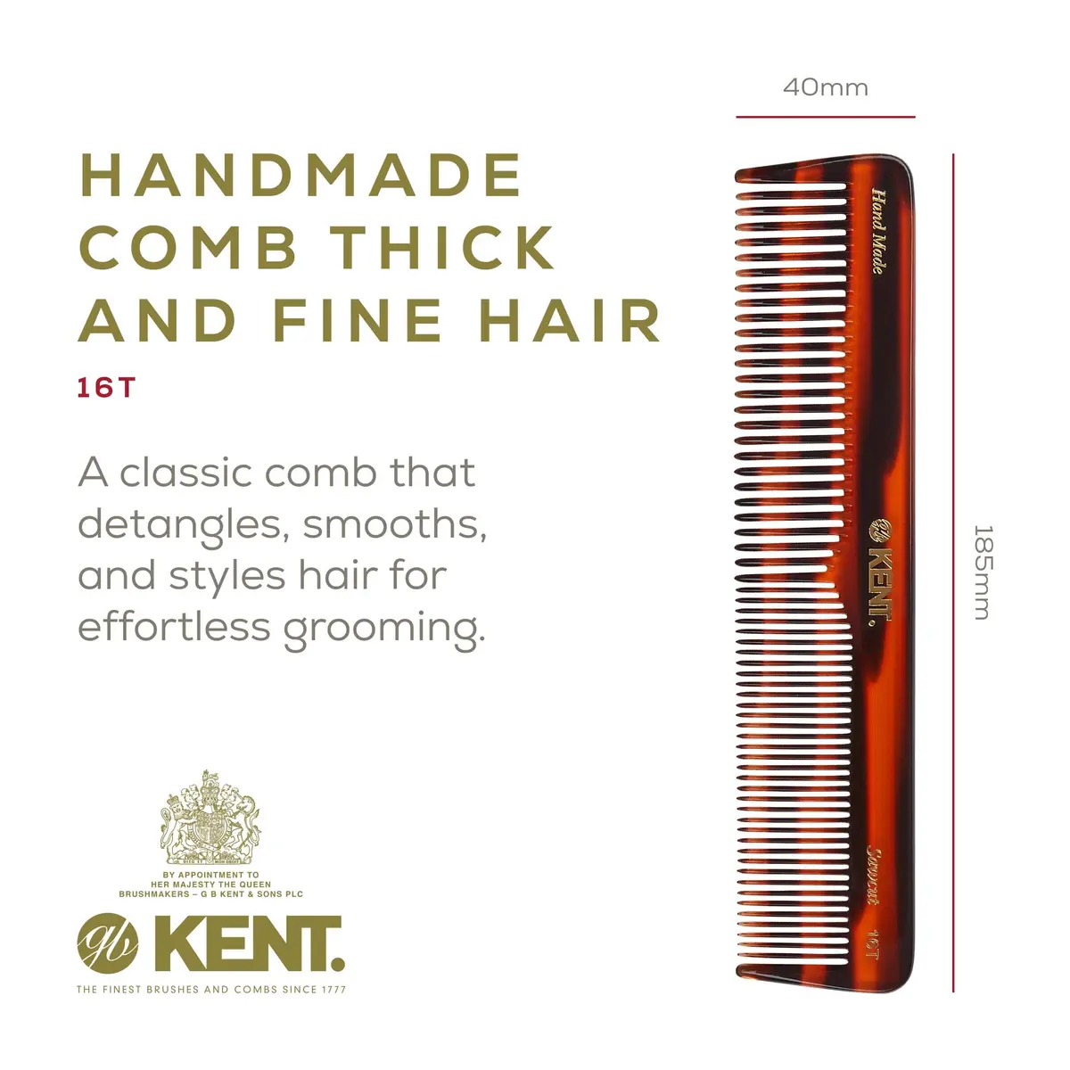 Kent 16T Tortoise Shell Handmade Dressing Comb 18.3 cm (7.2 Inch) 3-Pack | Detangles Thick, Curly, Wavy Hair - view 2