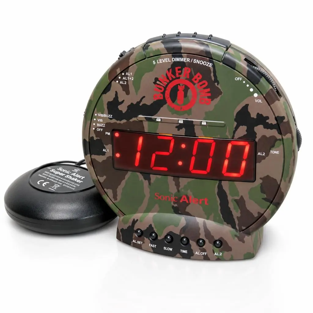 Sonic Alert Sonic Bomb Dual Alarm Clock with Bed Shaker Camouflage | Heavy Sleepers Wake with a Shake - main product image