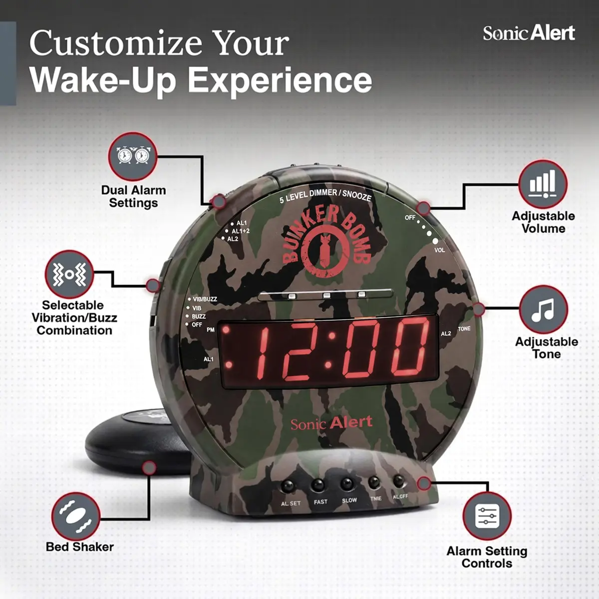 Sonic Alert Sonic Bomb Dual Alarm Clock with Bed Shaker Camouflage | Heavy Sleepers Wake with a Shake - view 6