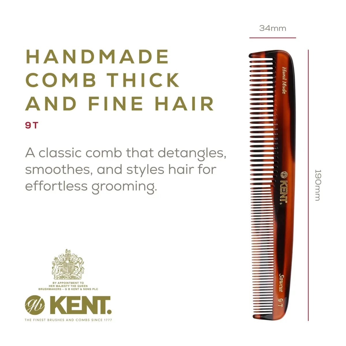 Kent 9T Tortoise Detangler Hair Comb - 7.5" Fine/Wide Teeth, Handmade Cellulose Acetate | 2-Pack - view 2