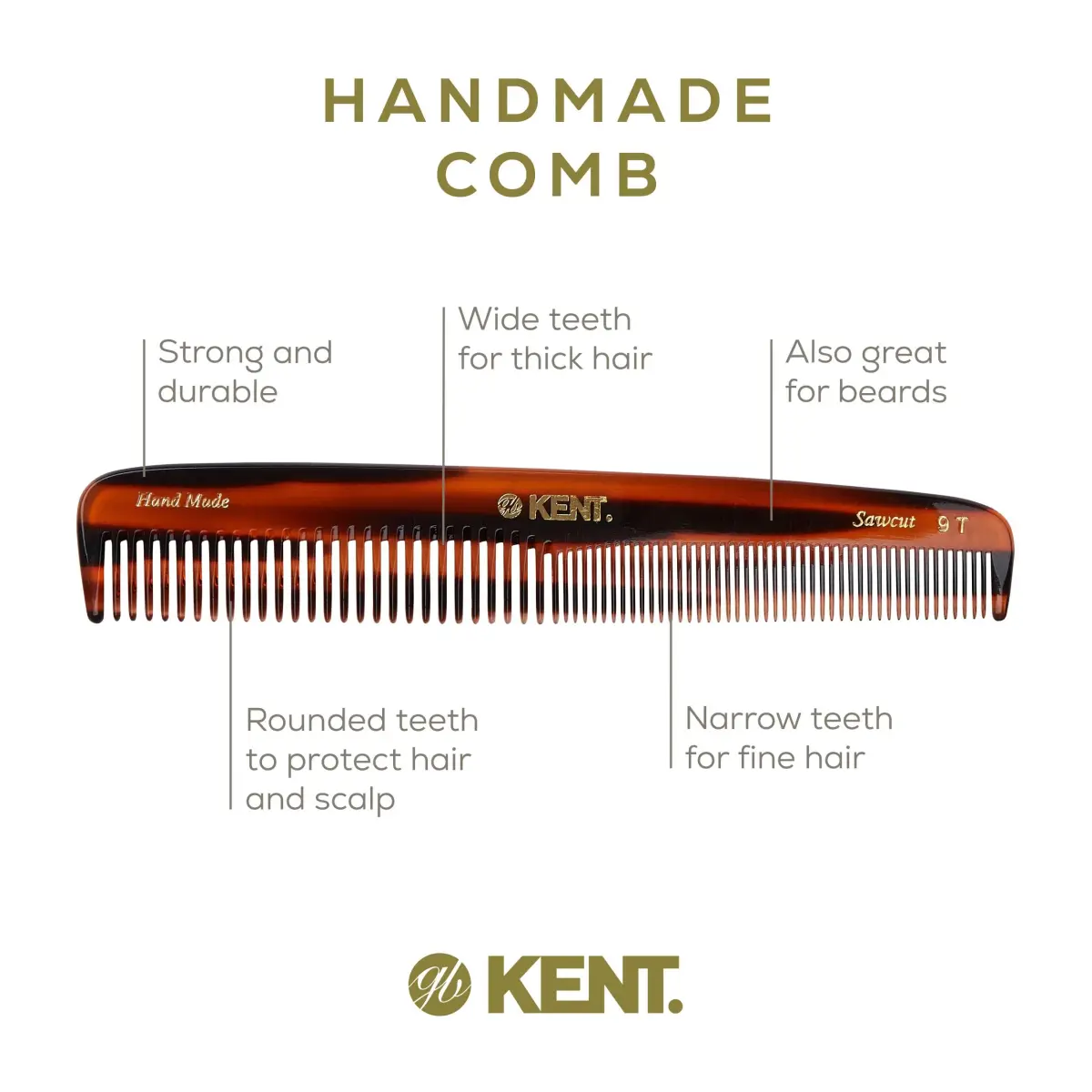 Kent 9T Tortoise Fine and Wide Tooth Comb 3 Pack | Handmade Cellulose Acetate Detangler for Wet and Dry Hair - view 4