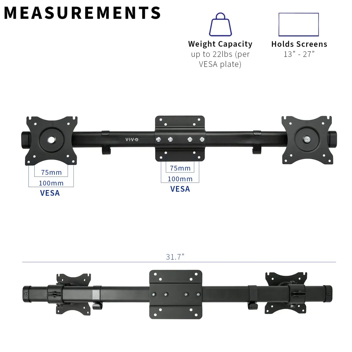VIVO Dual VESA Bracket Adapter MOUNT-VW02A for 2 Monitors up to 27" | Supports 75x75mm & 100x100mm VESA - view 2