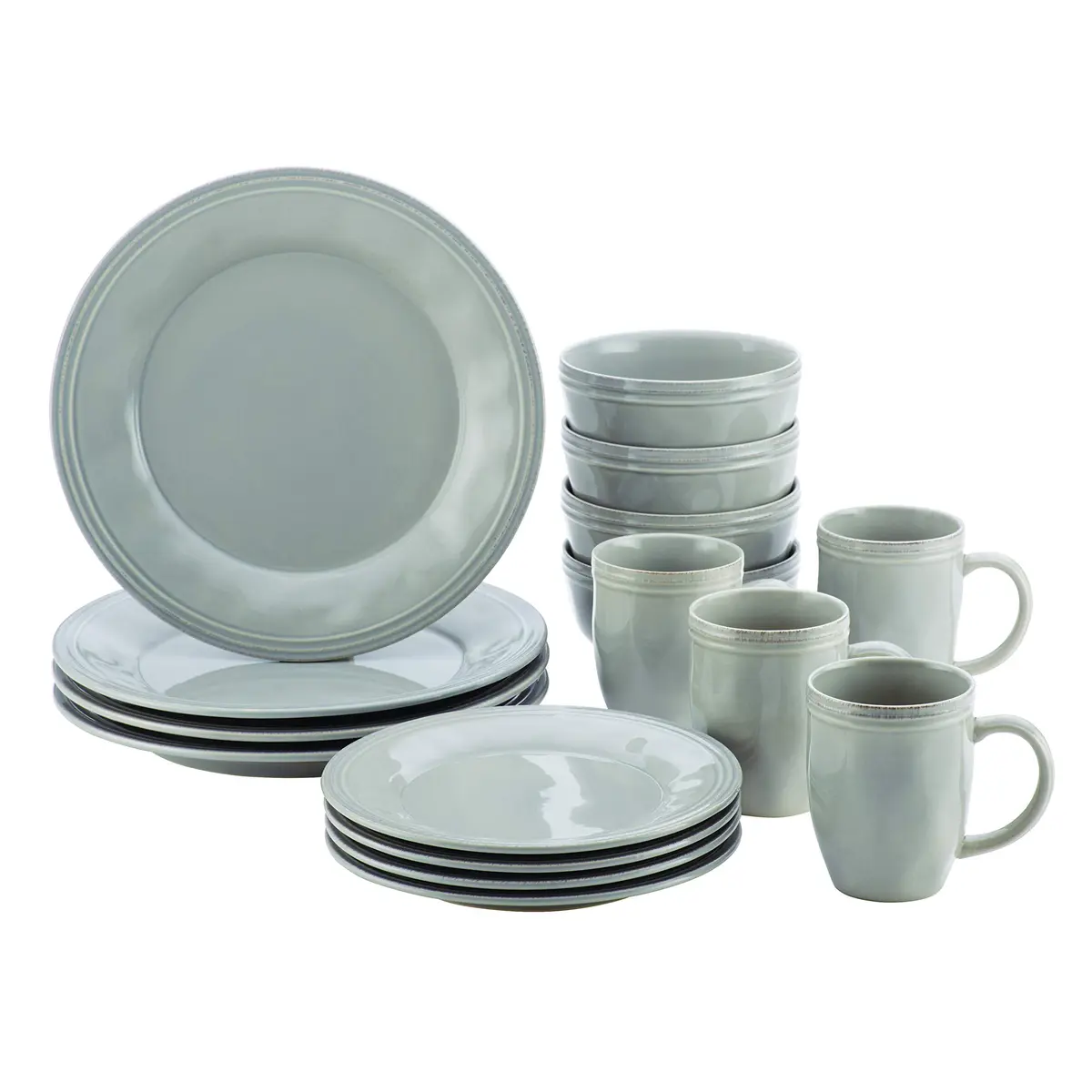 Rachael Ray Cucina Dinnerware 16-Piece Stoneware Dinnerware Set, Sea-Salt Grey | Rustic, Durable & Microwave Safe - main product image