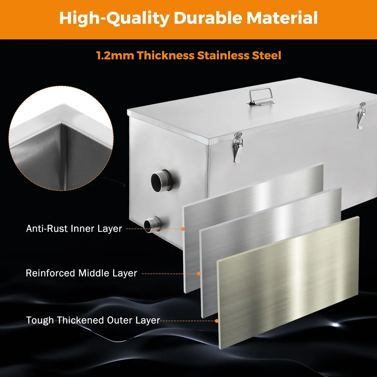 BEAMNOVA Commercial Grease Trap 25lbs Stainless Steel Interceptor 25L (13 GPM) | Restaurant Kitchen Plumbing - view 4