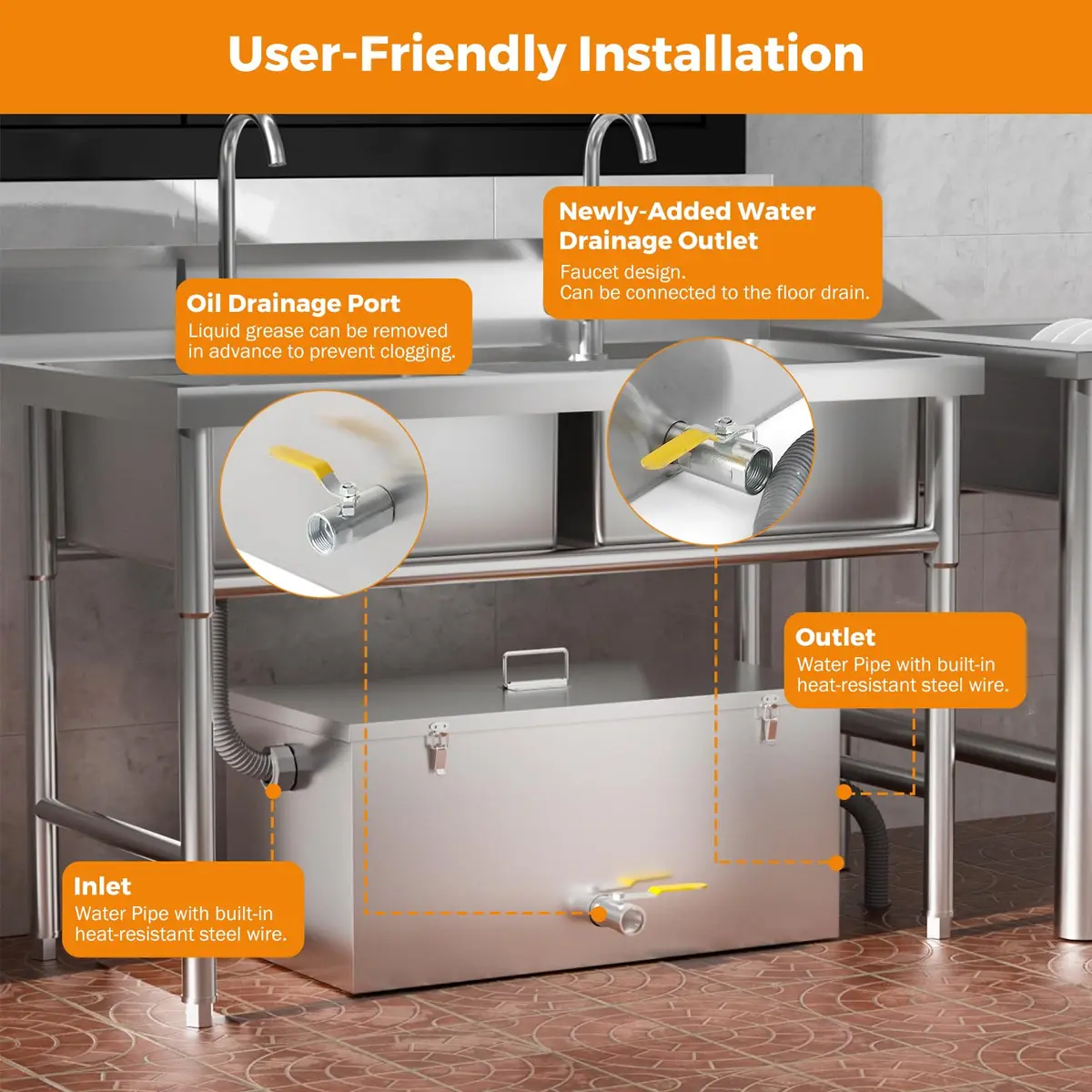 BEAMNOVA Commercial Grease Trap 25lbs Stainless Steel Interceptor 25L (13 GPM) | Restaurant Kitchen Plumbing - view 3