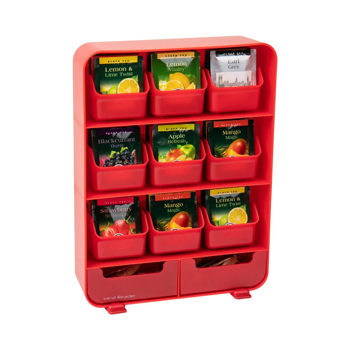 Mind Reader 11-Drawer Tea Bag Organizer Station 26cm (10.25"L) | Red Plastic Countertop Storage for Kitchen & Office - main product image