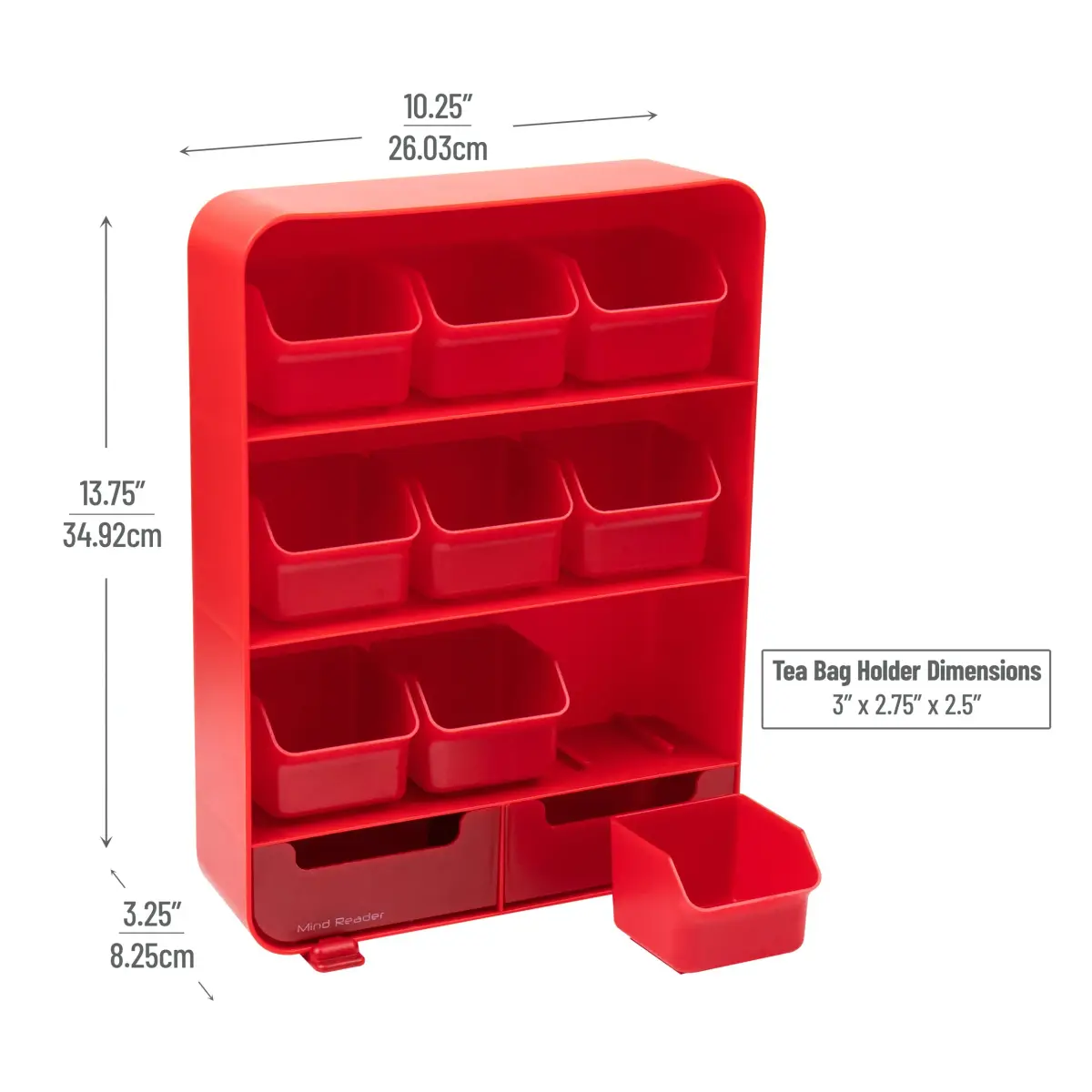 Mind Reader 11-Drawer Tea Bag Organizer Station 26cm (10.25"L) | Red Plastic Countertop Storage for Kitchen & Office - view 3