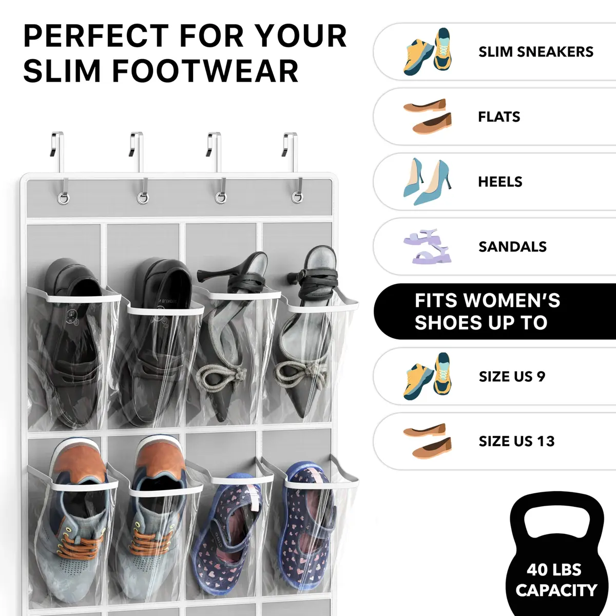 Simple Houseware 24 Pockets Clear Over the Door Shoe Organizer, Gray | 19" W x 64" H, 24 Clear Pockets, Holds 40 lbs - view 4