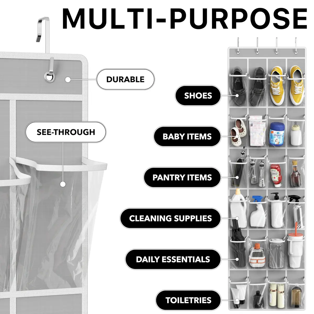 Simple Houseware 24 Pockets Clear Over the Door Shoe Organizer, Gray | 19" W x 64" H, 24 Clear Pockets, Holds 40 lbs - view 5